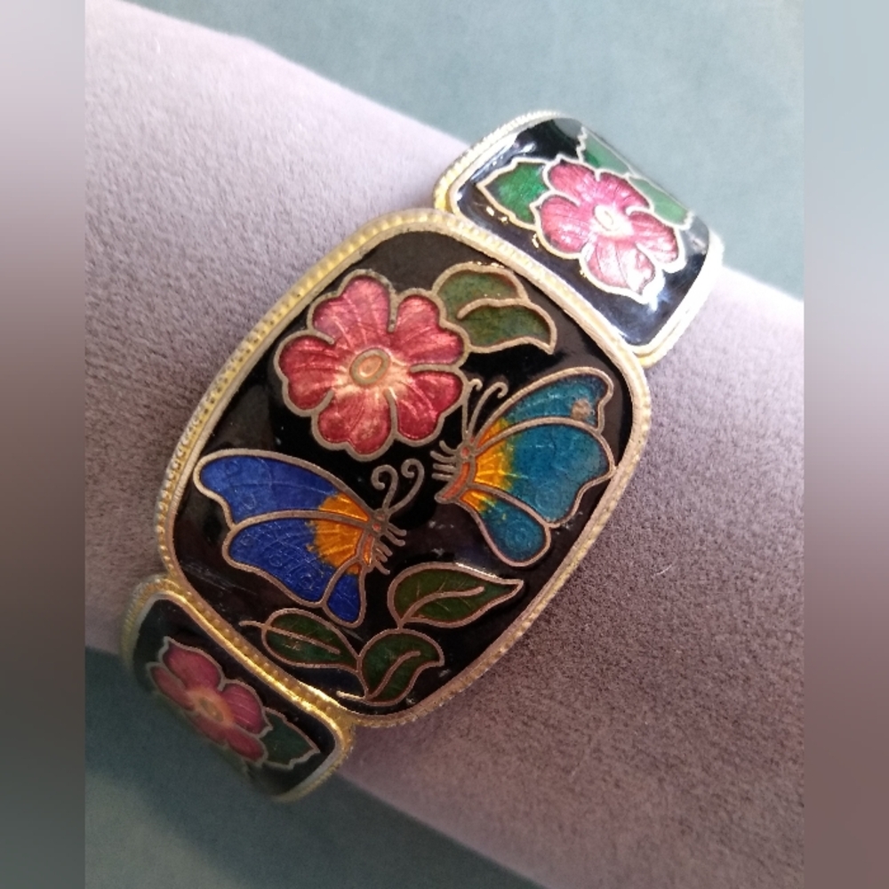 Floral Butterfly Guilloche Enamel Clamp Bracelet